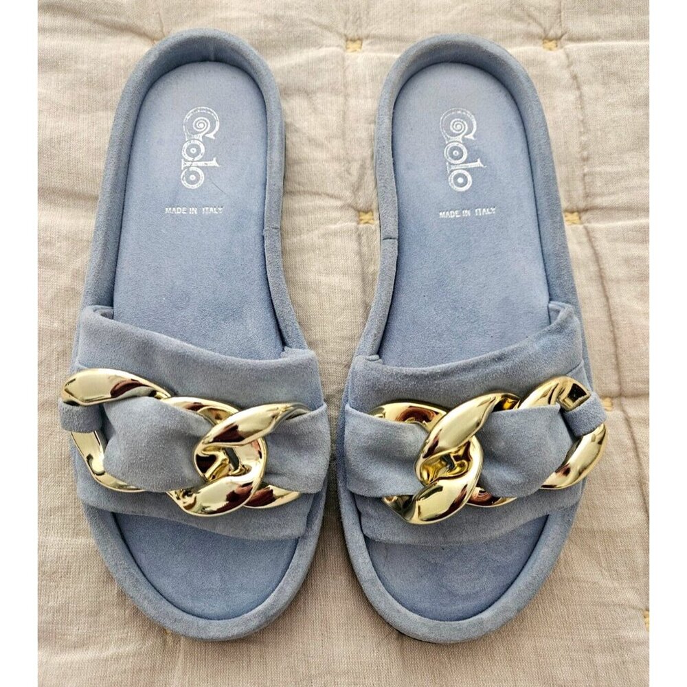 Golo Trieste Suede Slide in Celeste Blue with Gold Chain Link Accent Size 7